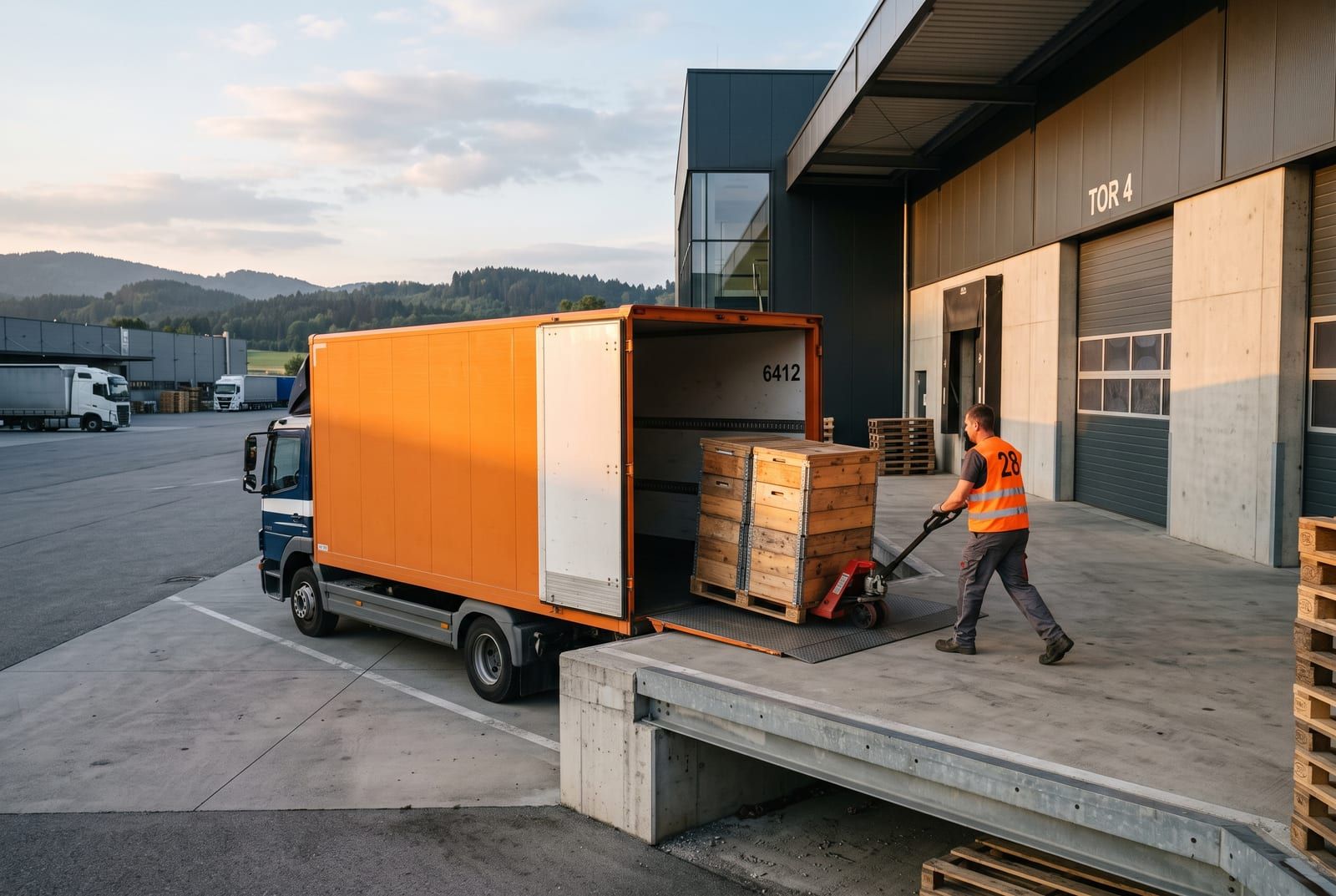 LKW wird an einer Laderampe mit Holzkisten beladen