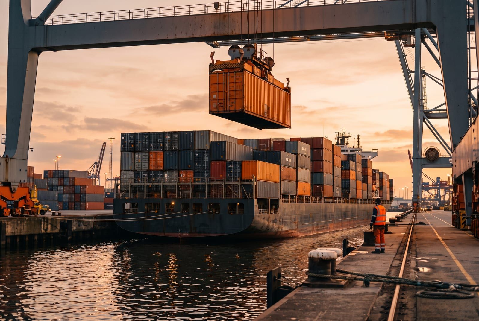 Hafenkran verlädt orangen Container auf ein Schiff in der Abenddämmerung