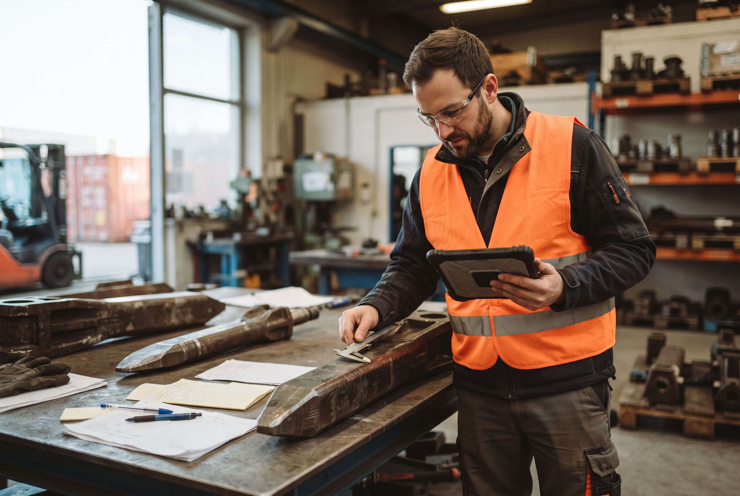 Prüfer misst einen Hydraulikmeißel mit Messschieber