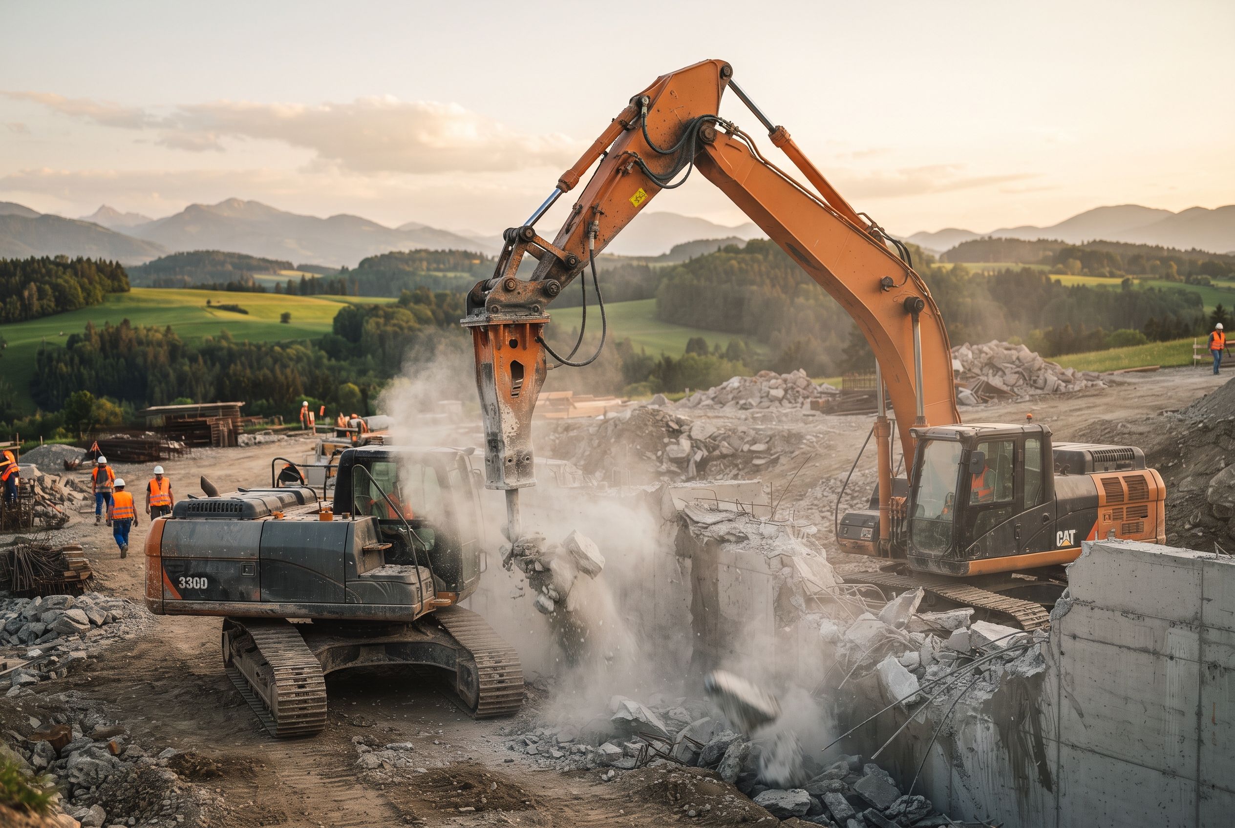 Bagger mit Hydraulikmeißel bricht Beton auf einer Baustelle